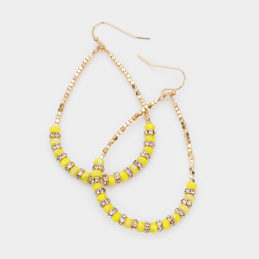 Yellow Rhinestone Ring Faceted Beaded Open Teardrop Dangle Earrings