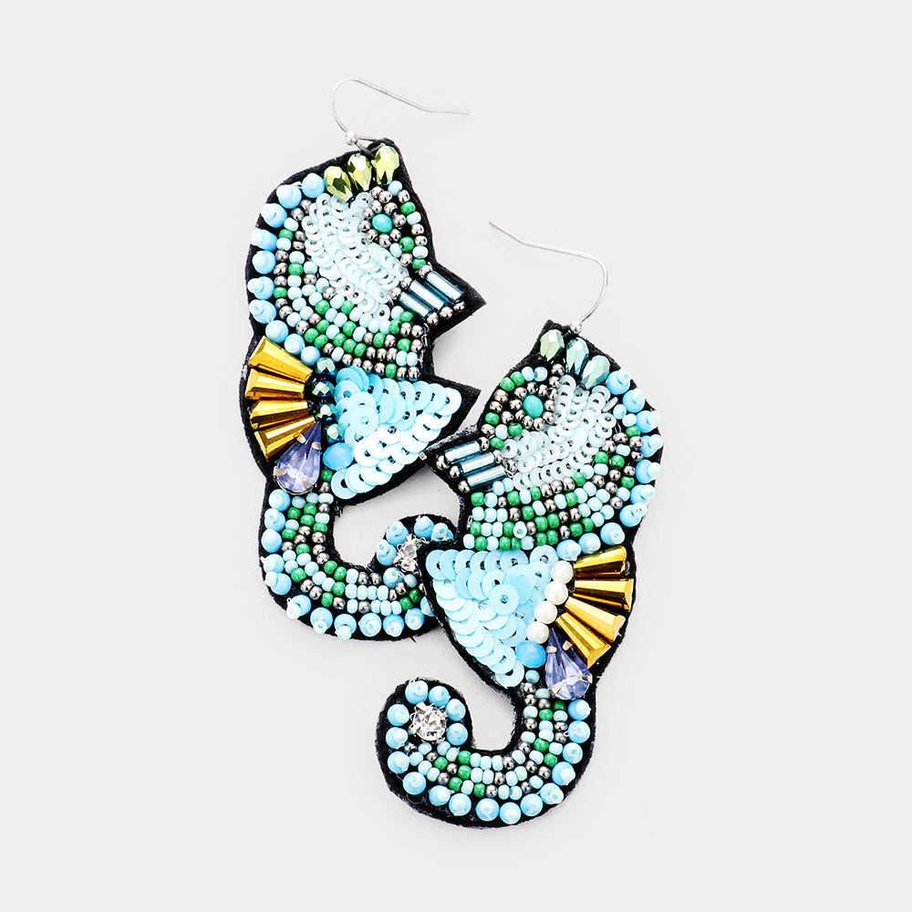 Blue Multi Stone Sequin Seed Bead Seahorse Earrings