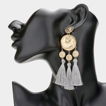 Load image into Gallery viewer, Gray Metal Coin Triple Tassel Dangle Earrings
