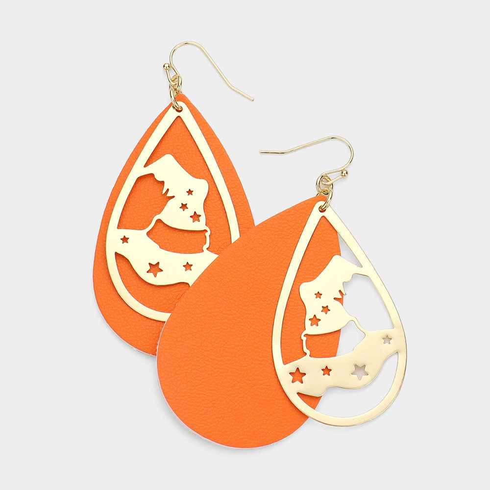 Orange Metal Witch Hat Accented Faux Leather Teardrop Layered Dangle Earrings