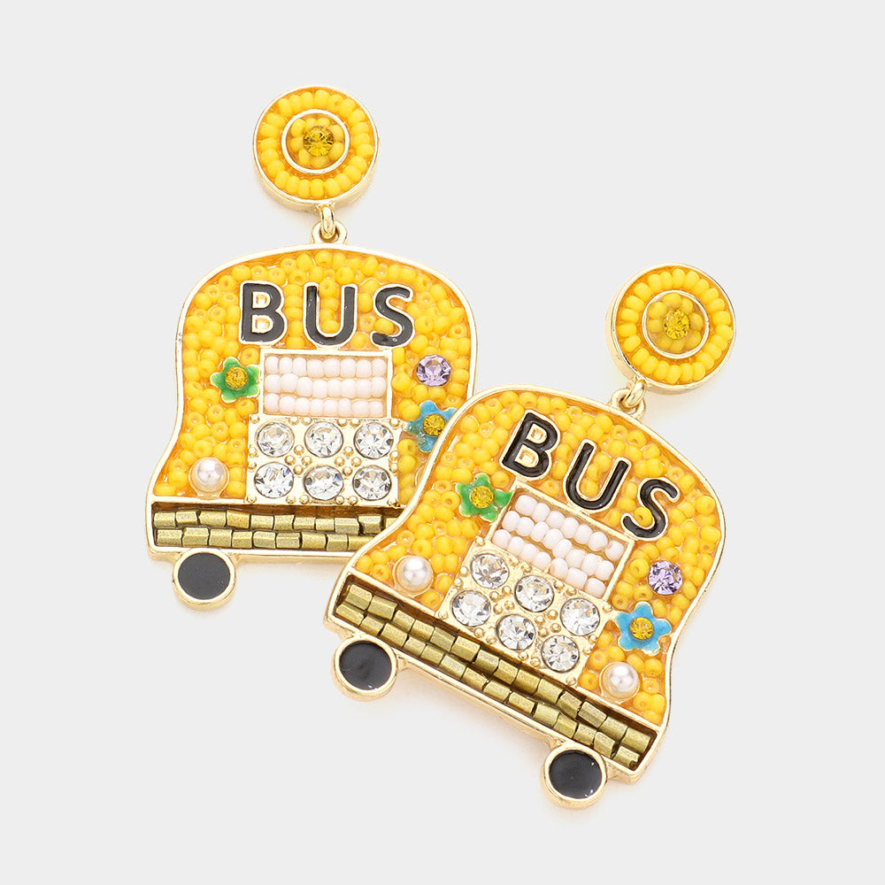 Yellow Stone Seed Bead Embellished School Bus Dangle Earrings