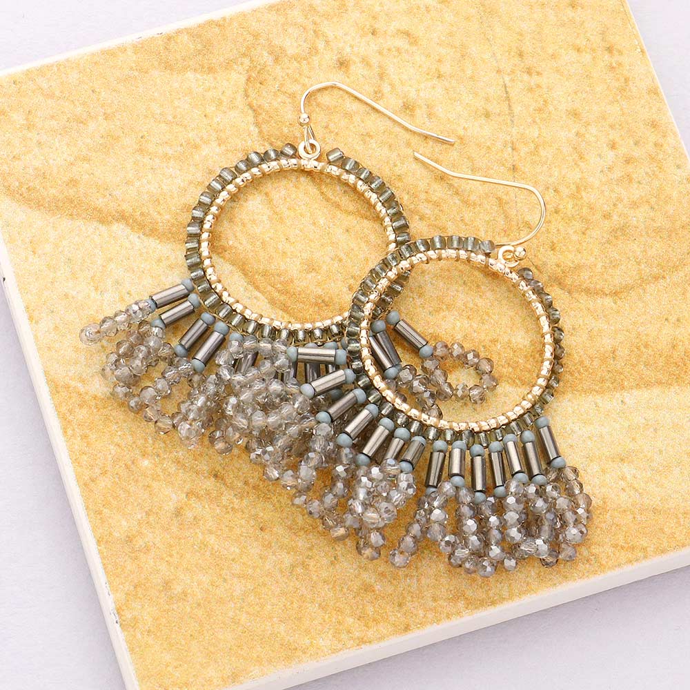 Gold Seed Beaded Fringe Metallic Tiered Circle Dangle Earrings