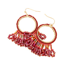 Load image into Gallery viewer, Burgundy Seed Beaded Fringe Metallic Tiered Circle Dangle Earrings
