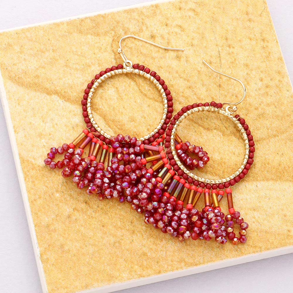 Burgundy Seed Beaded Fringe Metallic Tiered Circle Dangle Earrings