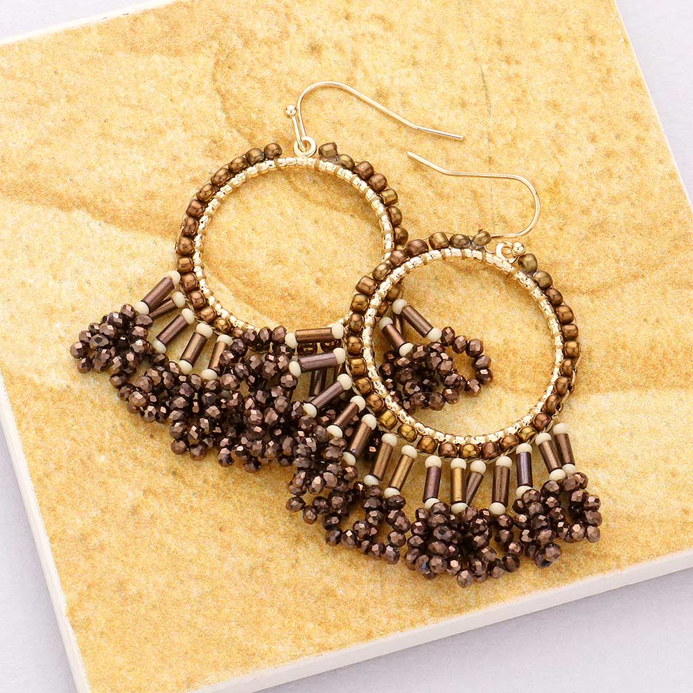 Brown Seed Beaded Fringe Metallic Tiered Circle Dangle Earrings