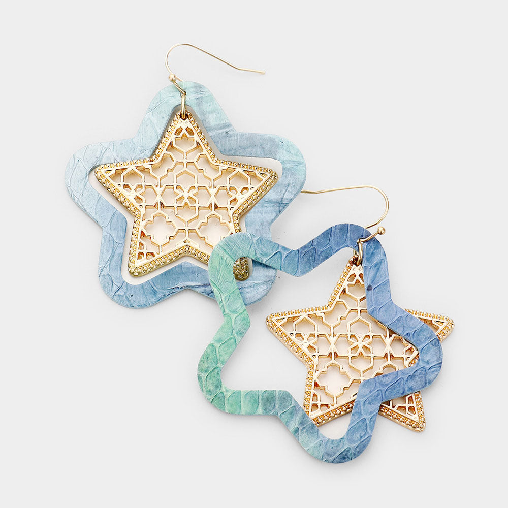 Gold Faux Leather Moroccan Filigree Star Dangle Earrings