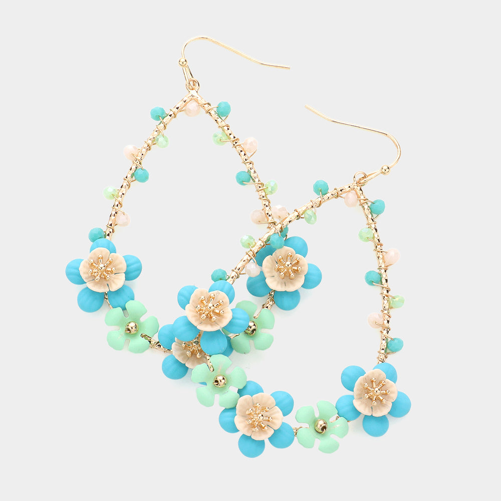 Turquoise Flower Faceted Beads Wrapped Teardrop Dangle Earrings