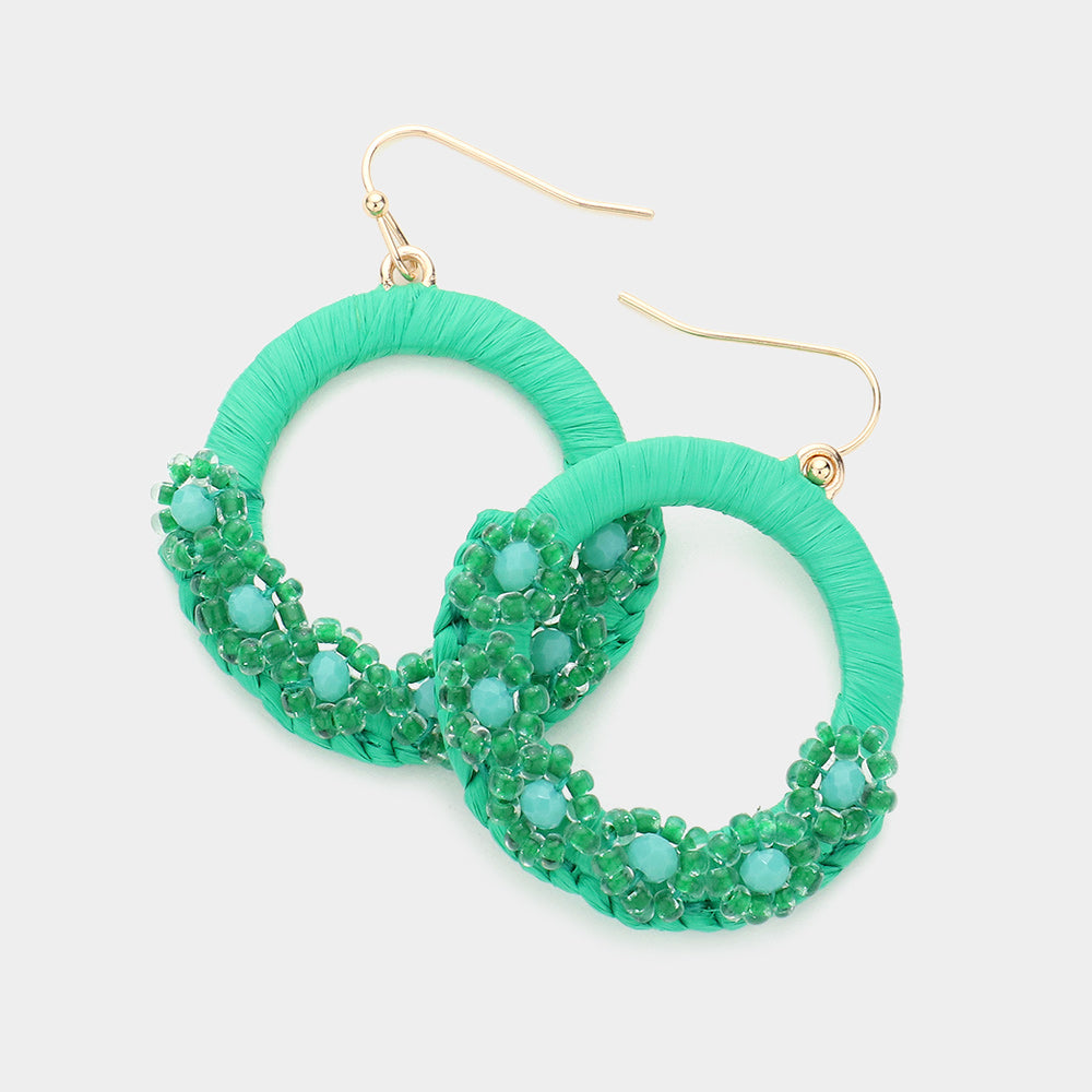 Green Faceted Beaded Flower Raffia Wrapped Circle Dangle Earrings