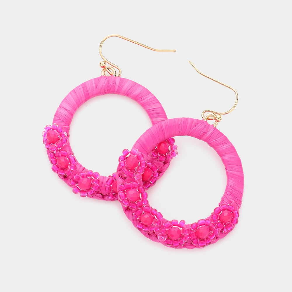 Pink Faceted Beaded Flower Raffia Wrapped Circle Dangle Earrings