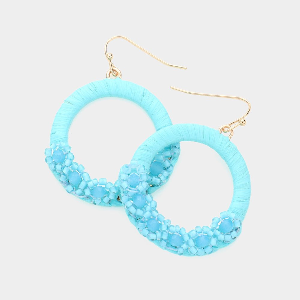 Turquoise Faceted Beaded Flower Raffia Wrapped Circle Dangle Earrings