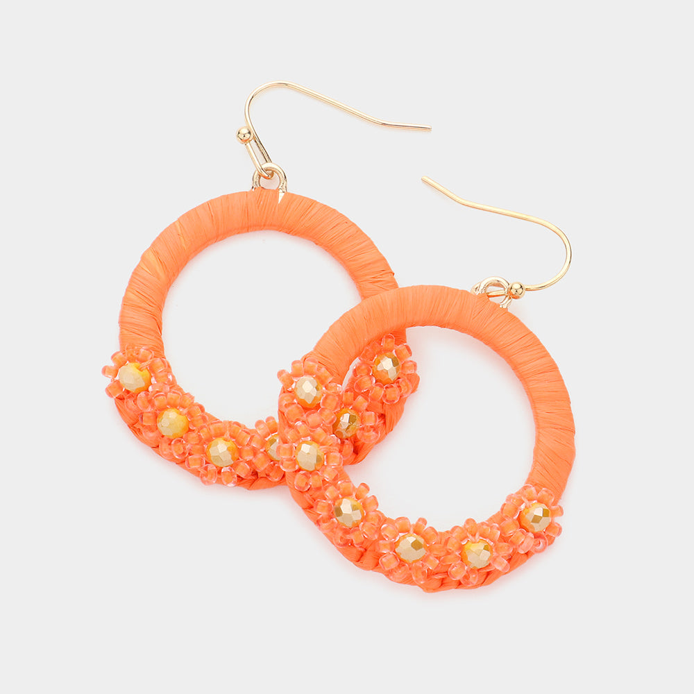 Orange Faceted Beaded Flower Raffia Wrapped Circle Dangle Earrings