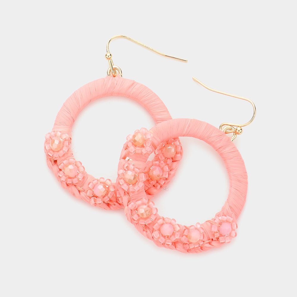 Peach Faceted Beaded Flower Raffia Wrapped Circle Dangle Earrings