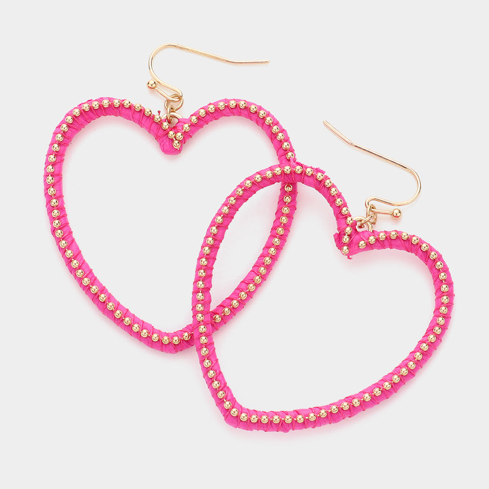 Pink Raffia Metal Ball Wrapped Open Heart Dangle Earrings