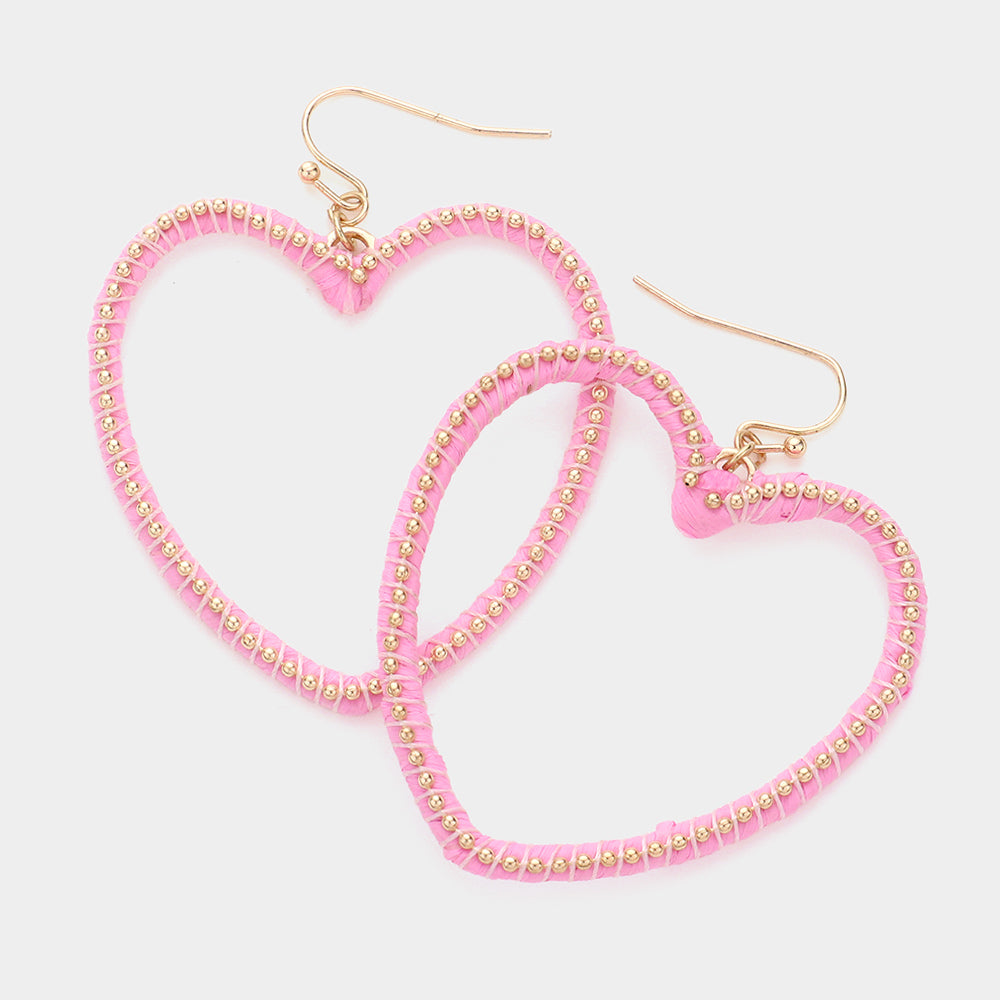 Pink Raffia Metal Ball Wrapped Open Heart Dangle Earrings