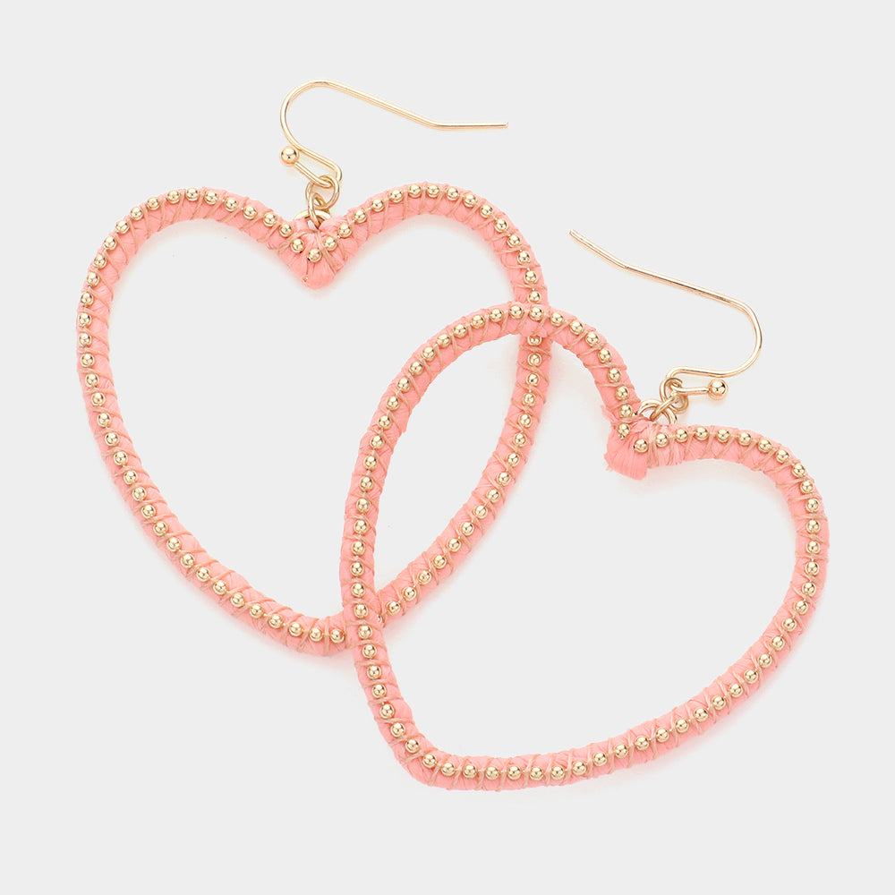 Peach Raffia Metal Ball Wrapped Open Heart Dangle Earrings