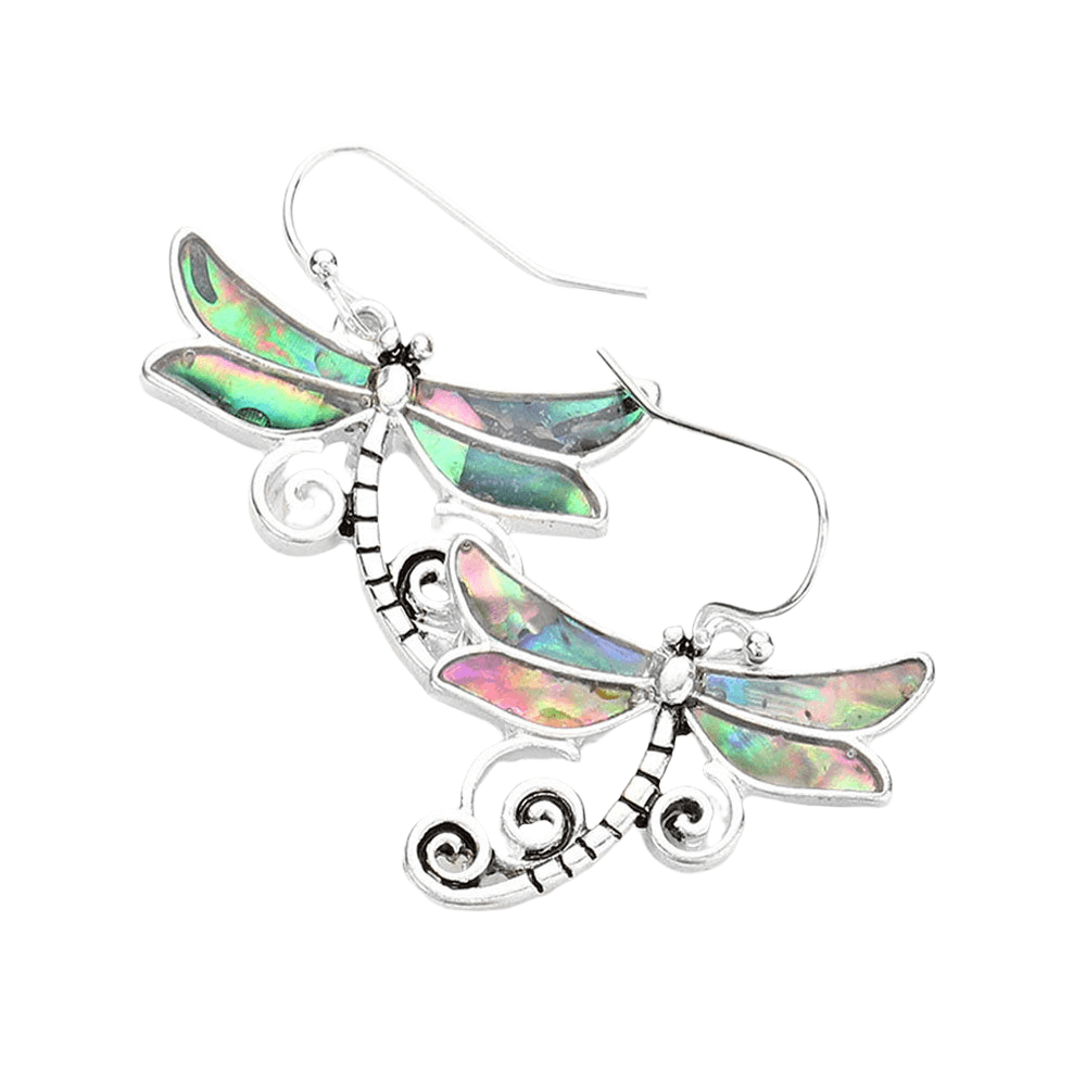 Abalone Metal Dragonfly Dangle Earrings