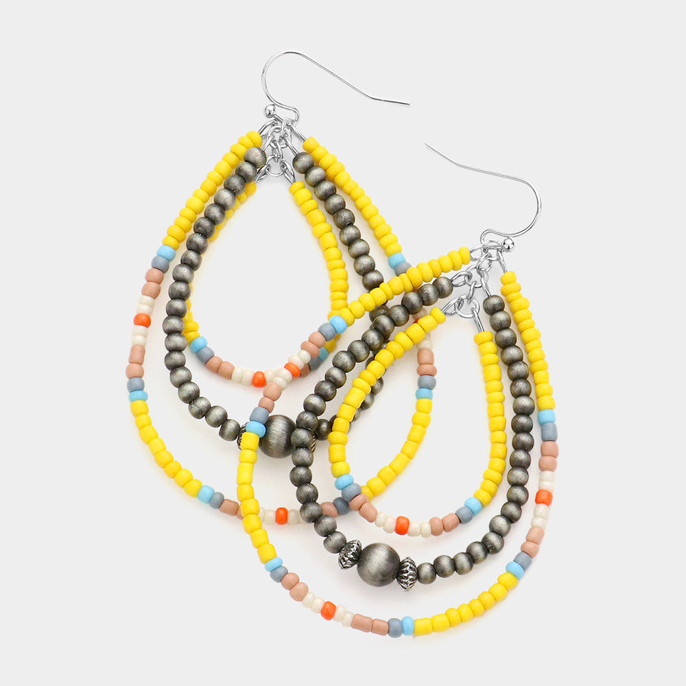 Yellow Seed Beaded Triple Open Teardrop Dangle Earrings