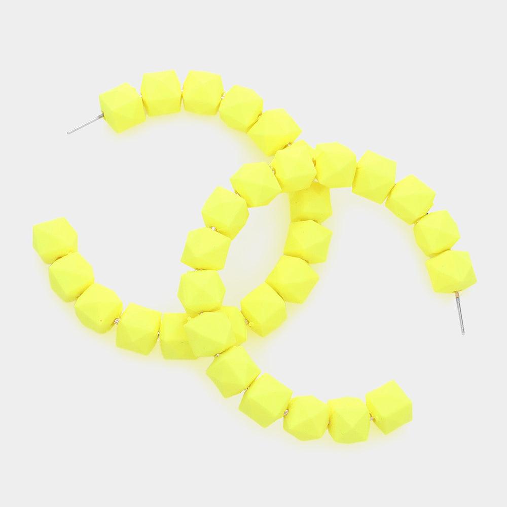 Yellow Colored Faceted Ball 2.6 Inch Hoop Earrings