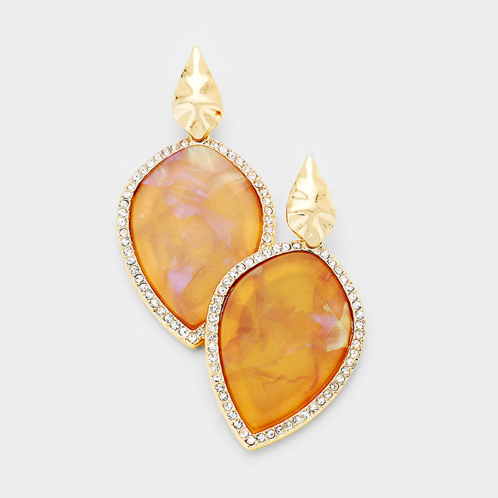 Gold Crystal Rhinestone Trim Celluloid Acetate Dangle Earrings
