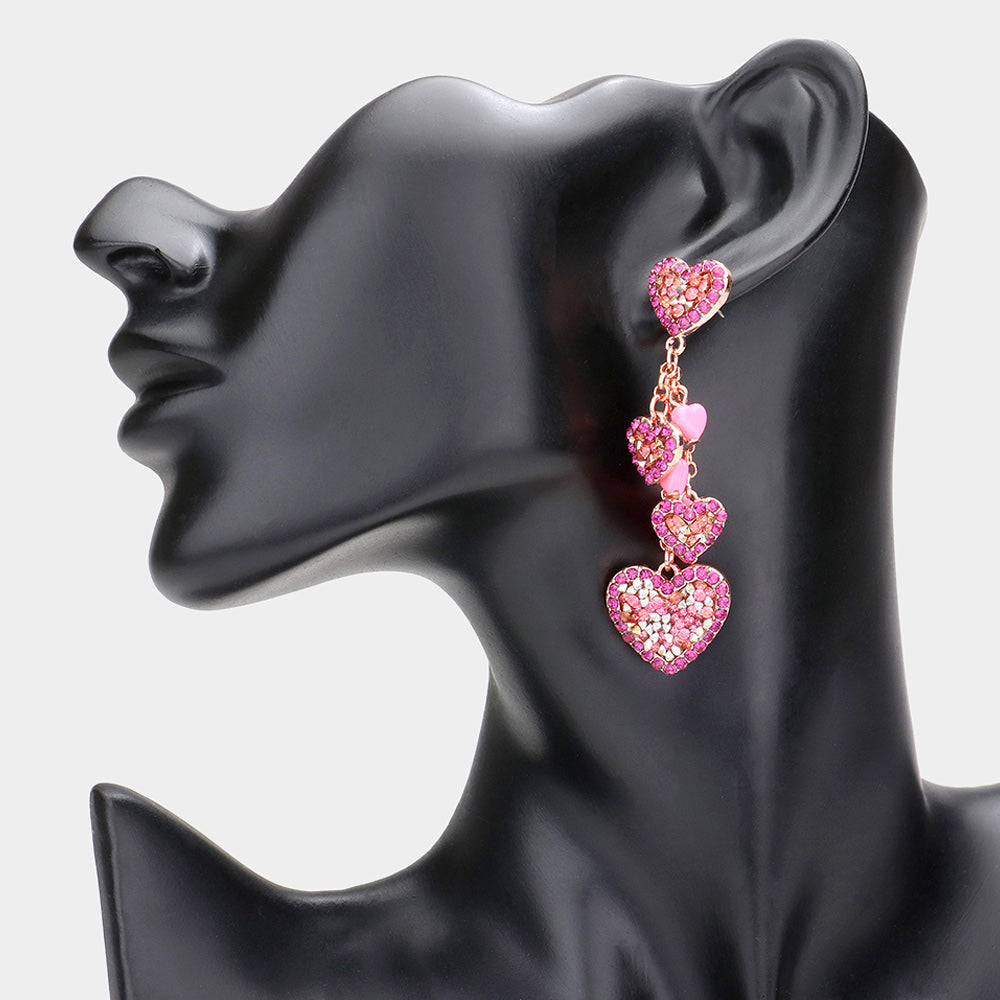 Pink Stone Beads Embellished Heart Cluster Link Dangle Earrings