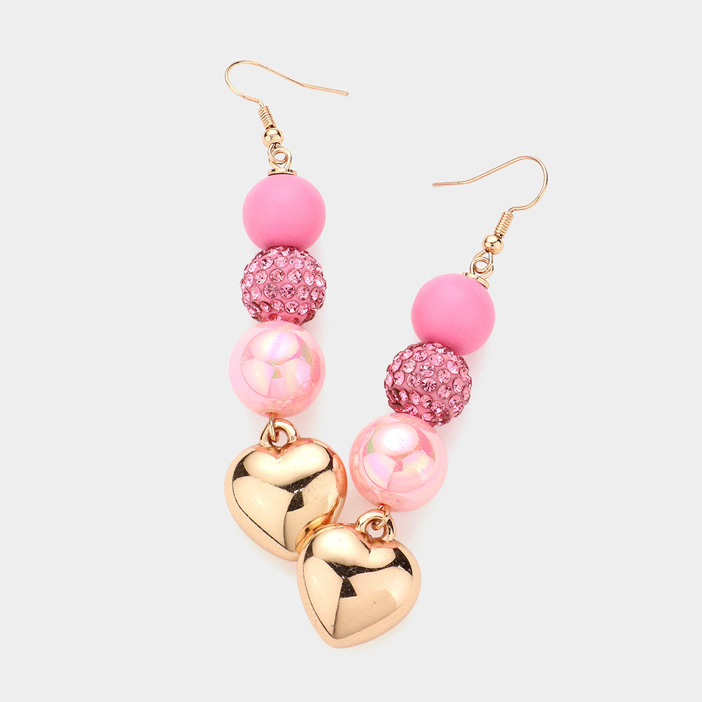 Pink Wood Shamballa Glass Ball Metal Heart Dangle Earrings