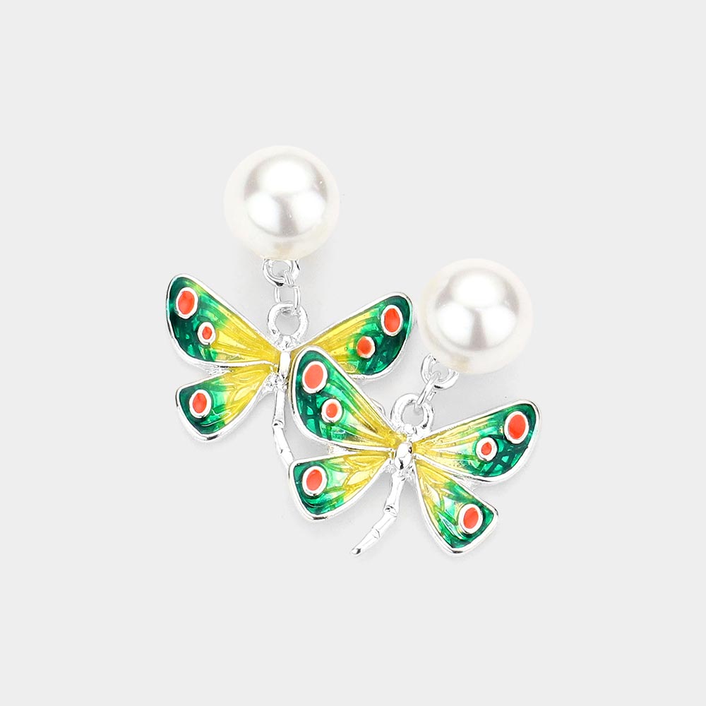Silver Pearl Enamel Dragonfly Dangle Earrings