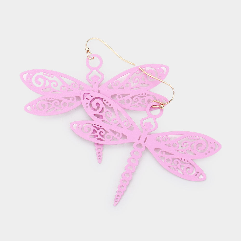 Pink Cut Out Brass Metal Dragonfly Dangle Earrings