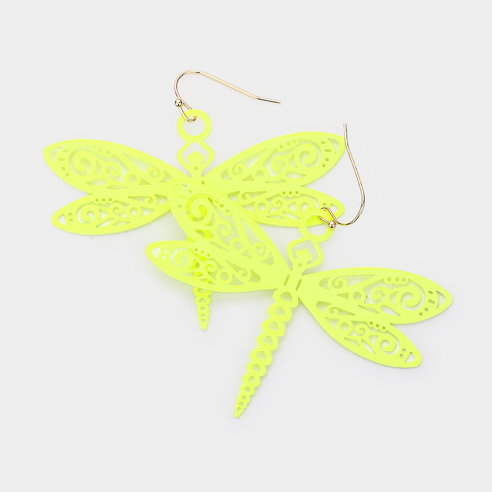 Yellow Cut Out Brass Metal Dragonfly Dangle Earrings