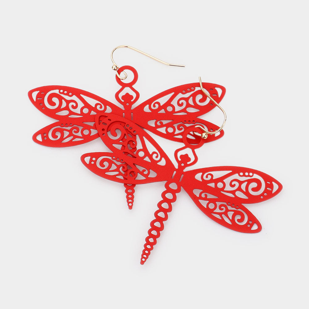 Red Cut Out Brass Metal Dragonfly Dangle Earrings