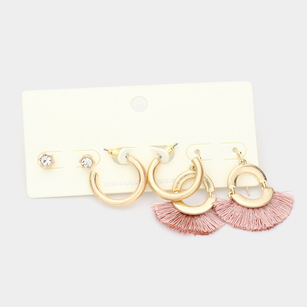 Pink 3Pairs - Round Stone Metal Hoop Tassel Fringe Earrings