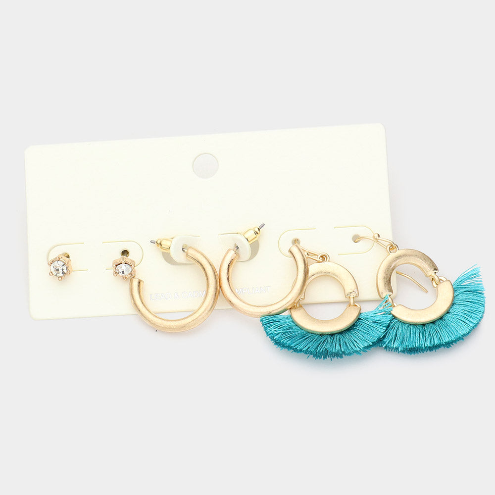 Turquoise 3Pairs - Round Stone Metal Hoop Tassel Fringe Earrings