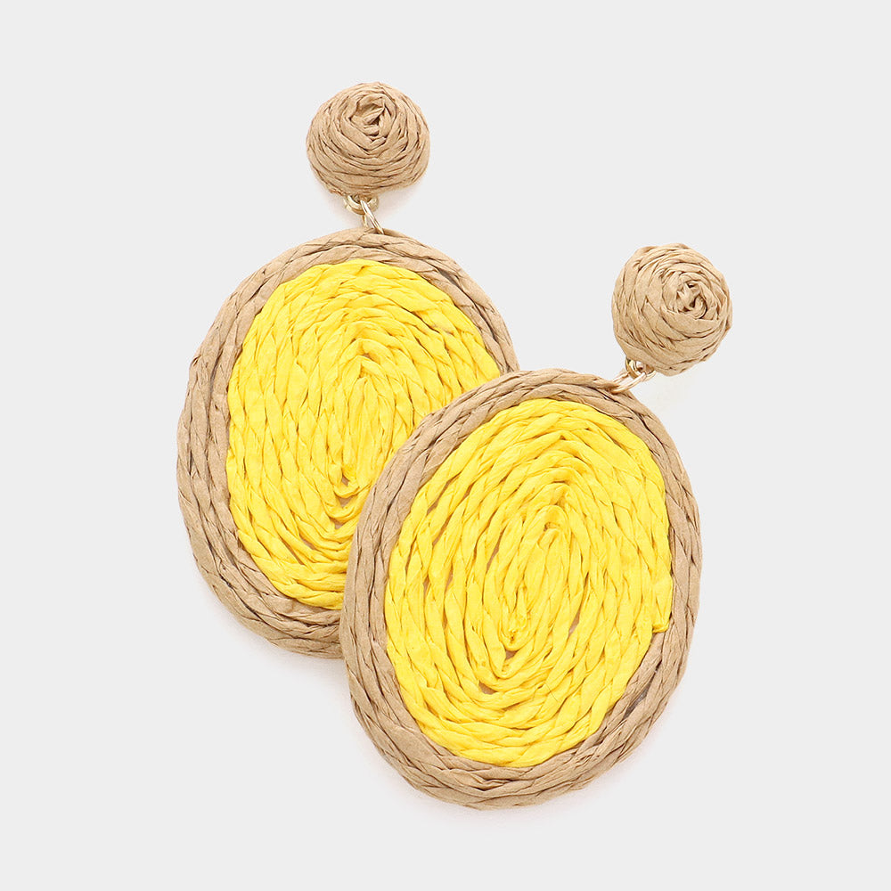 Yellow Swirl Raffia Oval Dangle Earrings