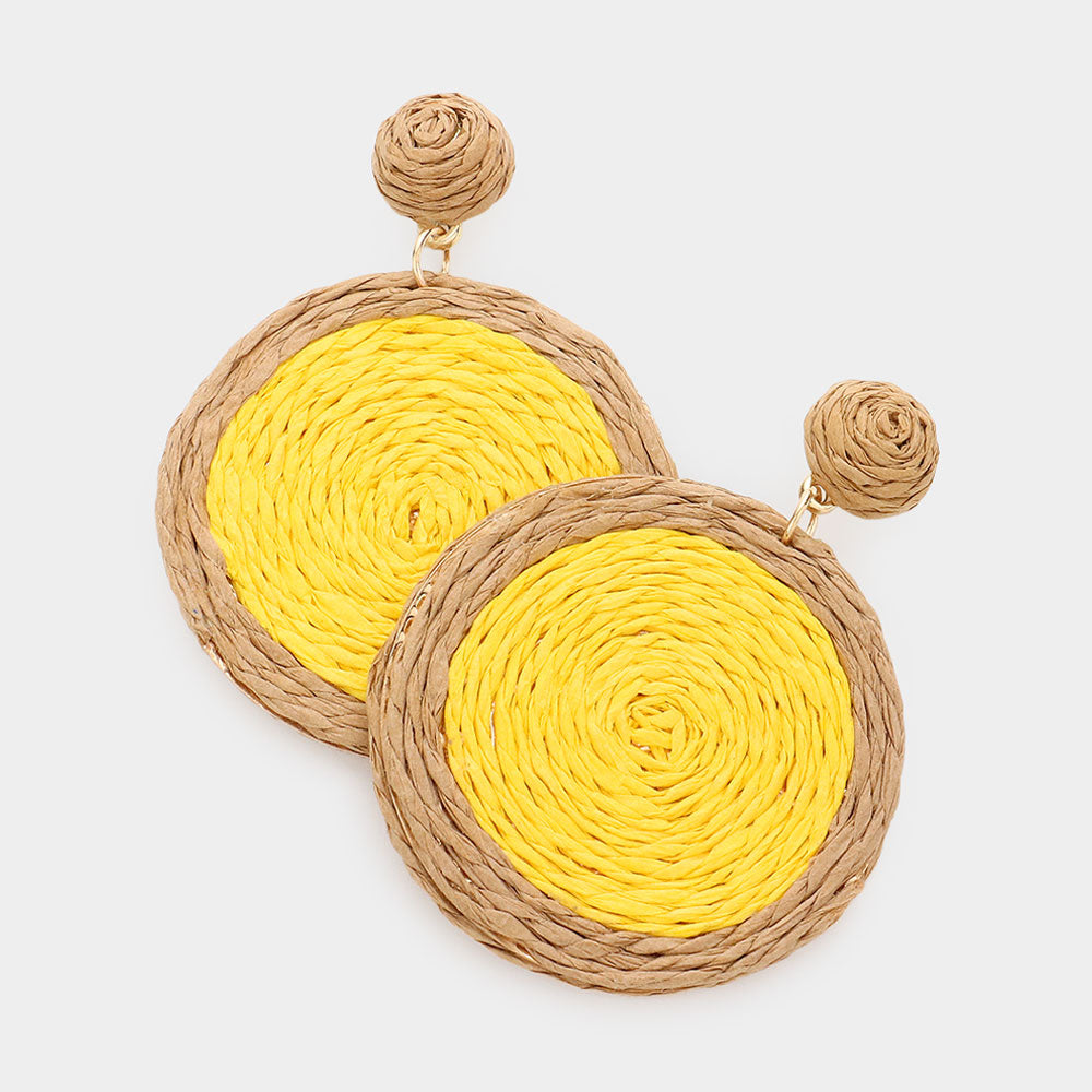 Yellow Swirl Raffia Round Dangle Earrings