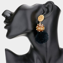 Load image into Gallery viewer, Black Wood Raffia Ball Dangle Earrings
