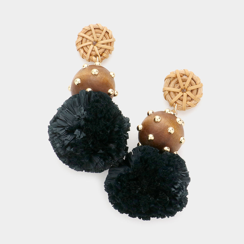 Black Wood Raffia Ball Dangle Earrings