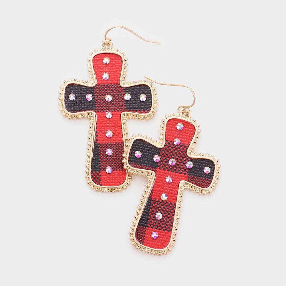 Red Buffalo Check Plaid Pattern Rhinestone Cross Earrings