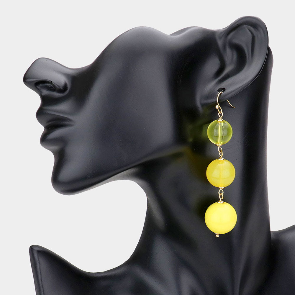 Yellow Triple Bead Ball Link Dangle Earrings