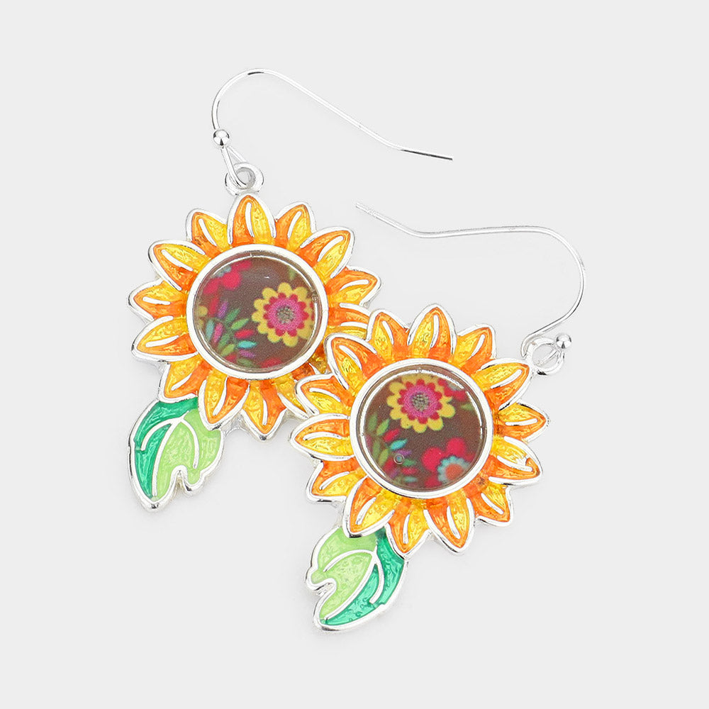 Yellow Pattern Detailed Sunflower Dangle Earrings