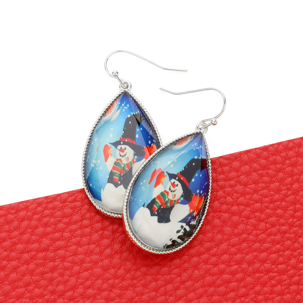 Silver Snowman Printed Teardrop Dangle Earrings