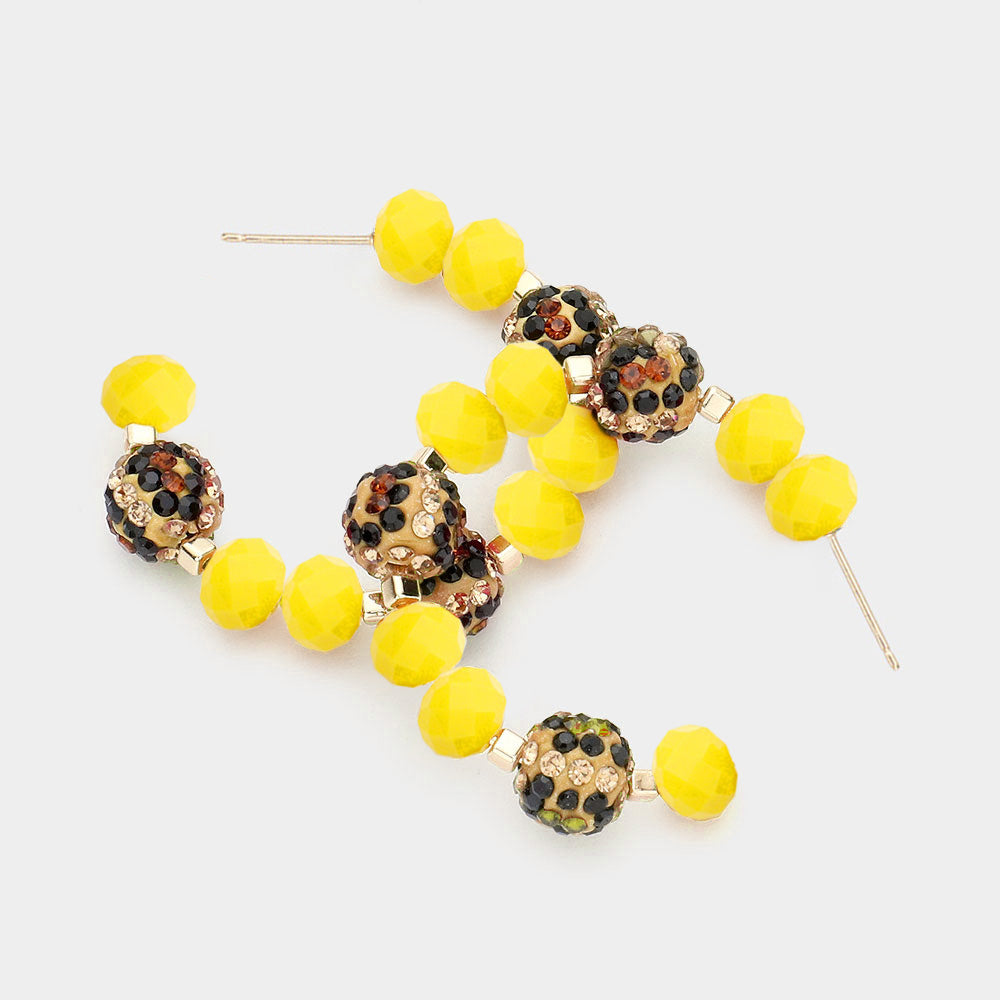 Yellow Leopard Patterned Shamballa Ball Faceted Bead Half Hoop Earrings