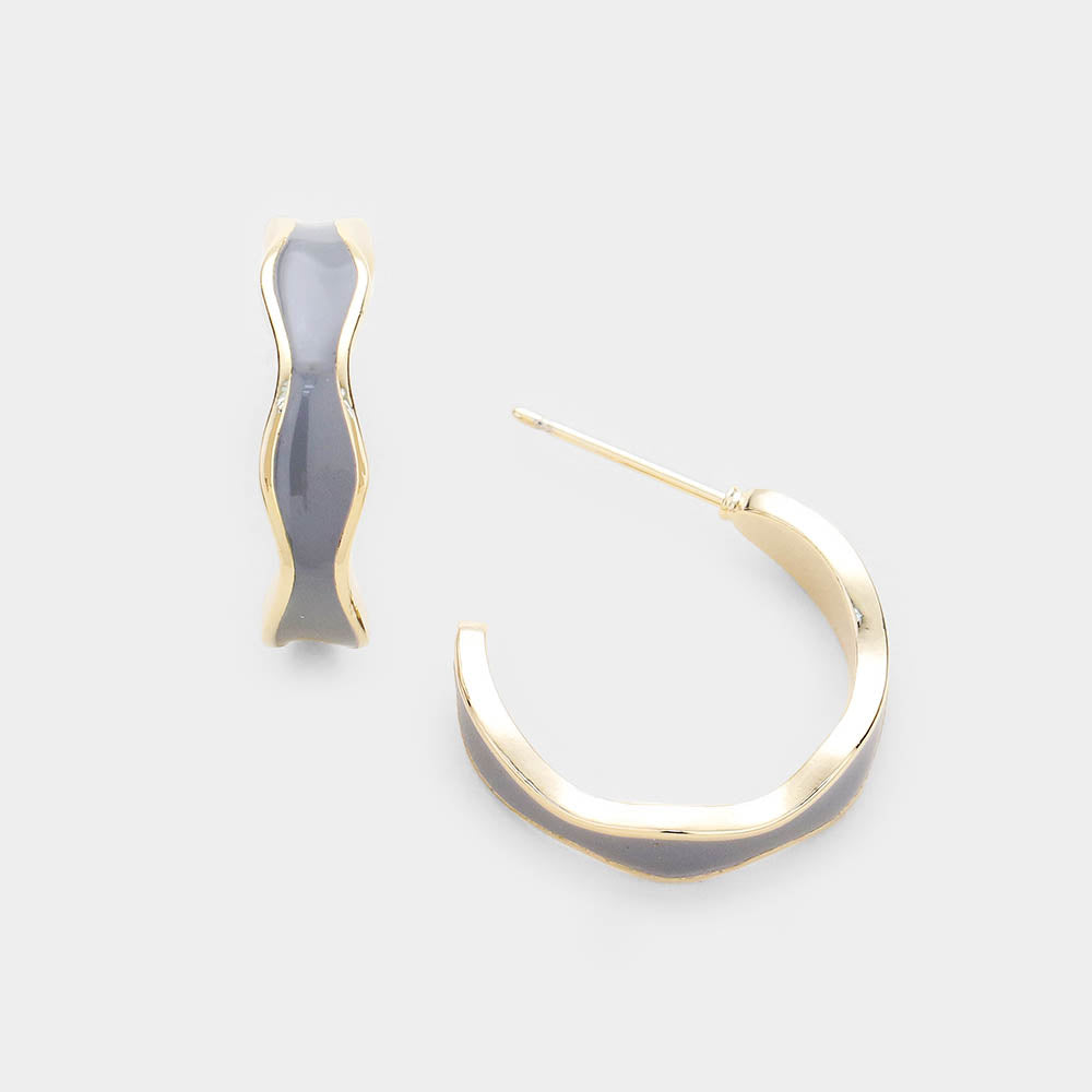 Gray Enamel Brass Metal Hoop Earrings