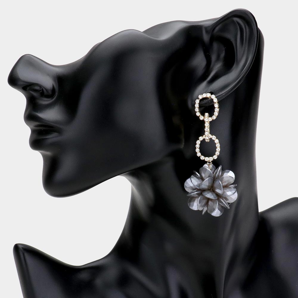 Black Rhinestone Embellished Metal Link Teardrop Bead Cluster Ball Dangle Earrings