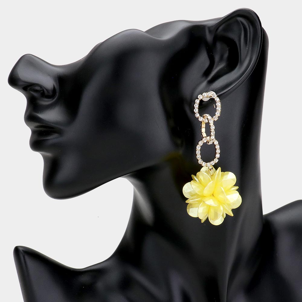 Yellow Rhinestone Embellished Metal Link Teardrop Bead Cluster Ball Dangle Earrings