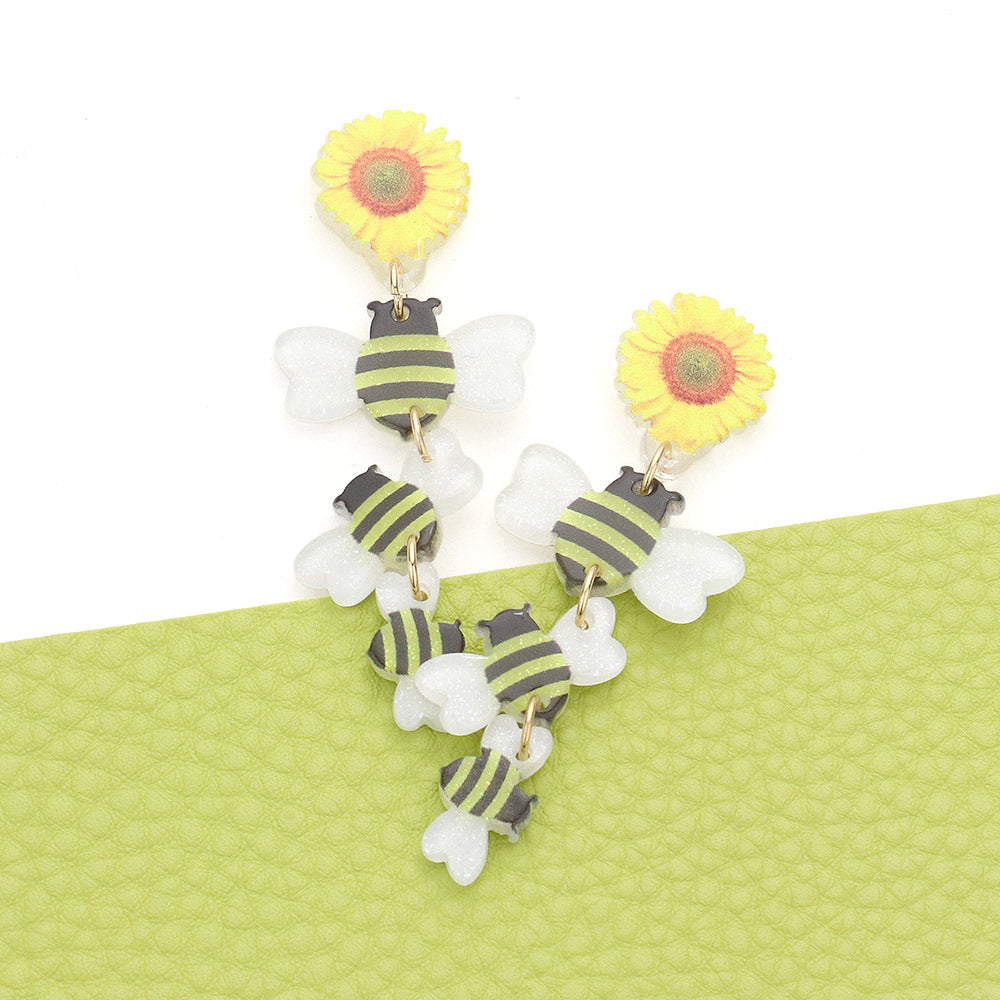 Yellow Sunflower Bumble Bee Resin Dropdown Earrings