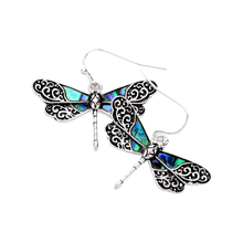 Load image into Gallery viewer, Abalone Embossed Antique Metal Dragonfly Dangle Earrings
