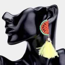 Load image into Gallery viewer, Yellow Seed Bead Watermelon Feather Tassel Dangle Earrings
