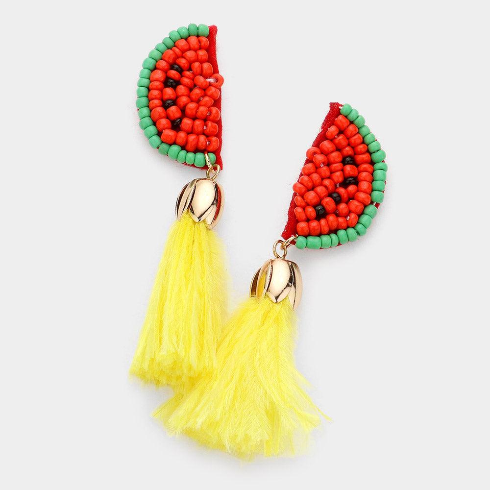 Yellow Seed Bead Watermelon Feather Tassel Dangle Earrings