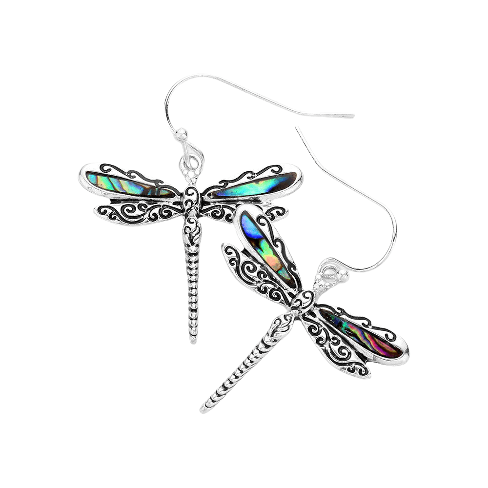 Silver Antique Metal Abalone Dragonfly Dangle Earrings