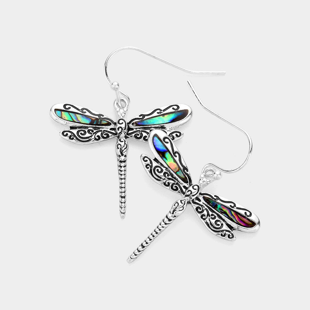 Silver Antique Metal Abalone Dragonfly Dangle Earrings