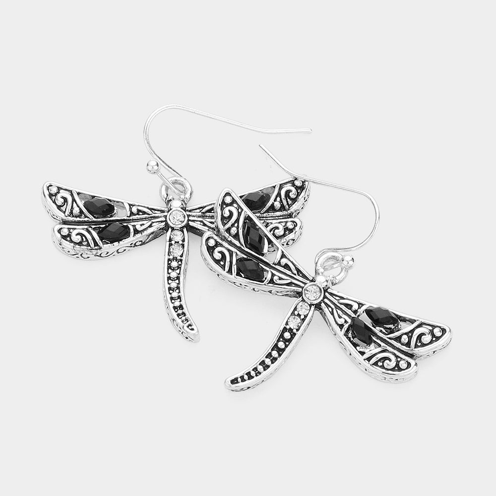 Silver Stone Pointed Metal Dragonfly Dangle Earrings